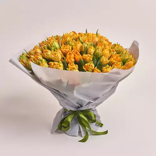 Product image Bouquet 101 Orange peony tulip, packaging: Gray, vendor code: 3006