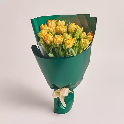 Product image Bouquet 15 Orange peony tulip, packaging: Green, vendor code: 3014