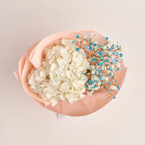 Изображение товара Букет 1 Белая Гортензия и Гипсофила, упаковка: Каффин розовый, артикул: 3022