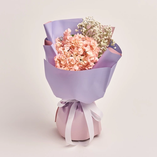 Product image Bouquet 1 Pink Hydrangea and Gypsophila , packaging: Gradiens violet, vendor code: 3023