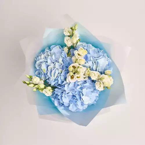Product image Bouquet 3 Blue Hydrangeas and White Eustoma, packaging: Blue, vendor code: 3026