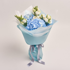 Bouquet 3 Blue Hydrangeas and White Eustoma
