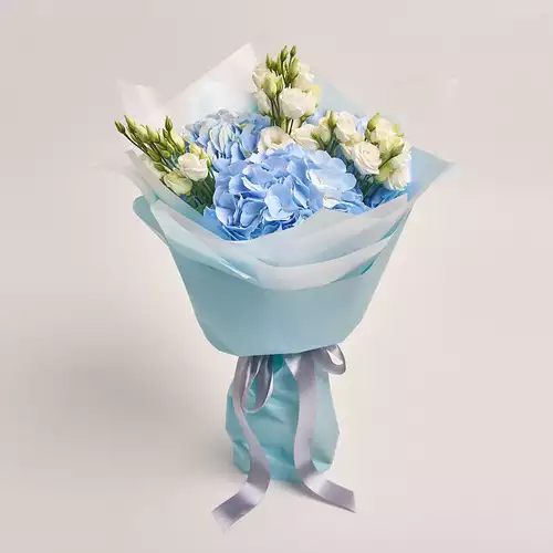 Product image Bouquet 3 Blue Hydrangeas and White Eustoma, packaging: Blue, vendor code: 3026