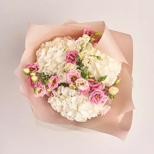 Product image Bouquet 3 White Hydrangeas and Eustoma, packaging: Powder, vendor code: 3027