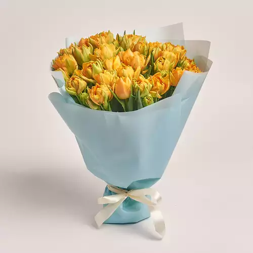 Product image Bouquet 35 Orange peony tulip, packaging: Blue, vendor code: 3075