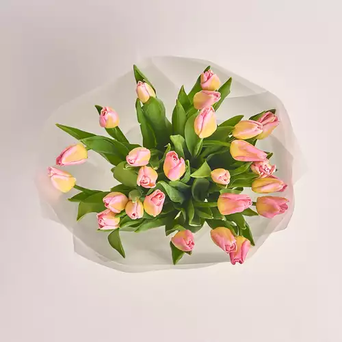 Product image Bouquet 25 Yellow-Pink Tulips, packaging: Transparent, vendor code: 3079