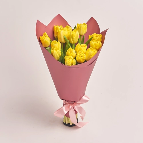 Product image Bouquet 15 Yellow peony tulip, packaging: Coral, vendor code: 3086