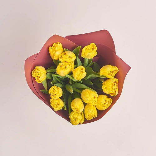 Product image Bouquet 15 Yellow peony tulip, packaging: Coral, vendor code: 3086