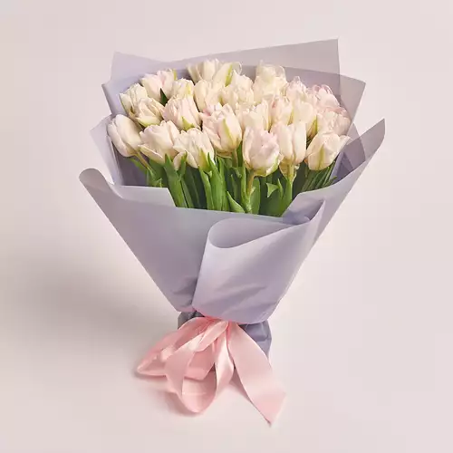 Product image Bouquet 25 White-pink peony tulip, packaging: Gray, vendor code: 3089