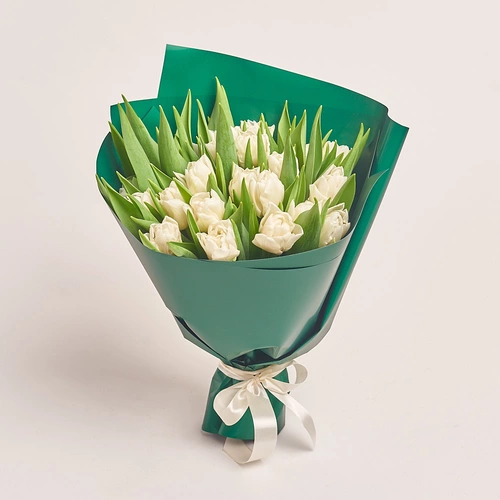 Product image Bouquet 25 White peony tulip, packaging: Green, vendor code: 3092
