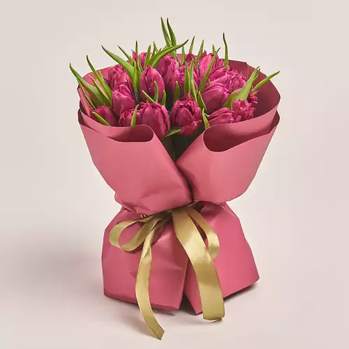 Product image Bouquet 25 Violet peony tulip, packaging: Coral, vendor code: 3095