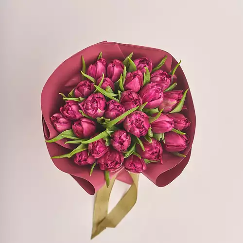 Product image Bouquet 25 Violet peony tulip, packaging: Coral, vendor code: 3095