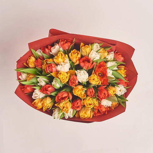 Product image Bouquet 51 Peony tulips mix, packaging: Red, vendor code: 3110