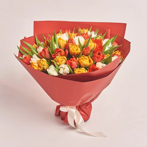 Product image Bouquet 51 Peony tulips mix, packaging: Red, vendor code: 3110