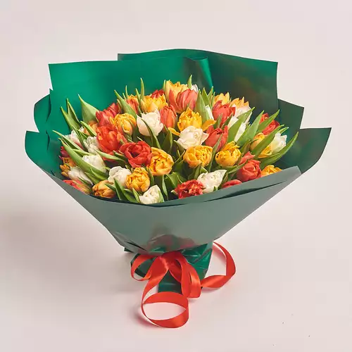 Product image Bouquet 51 Peony tulips mix, packaging: Green, vendor code: 3110