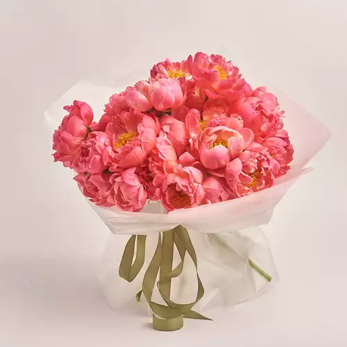 Product image Bouquet of 25 Coral Peonies, packaging: Transparent, vendor code: 3127