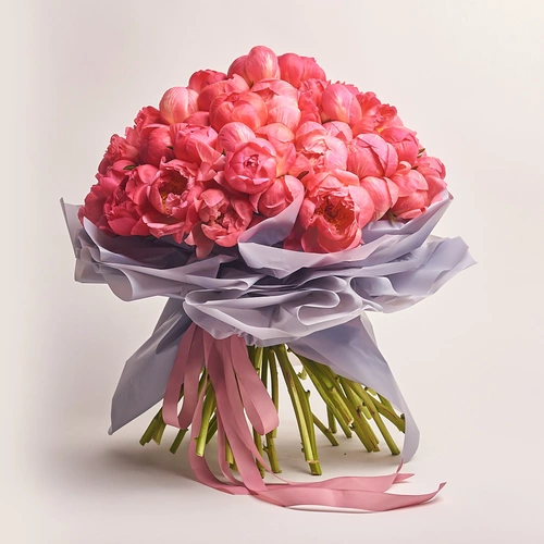 Product image Bouquet of 51 Coral Peonies, packaging: Gray, vendor code: 3128