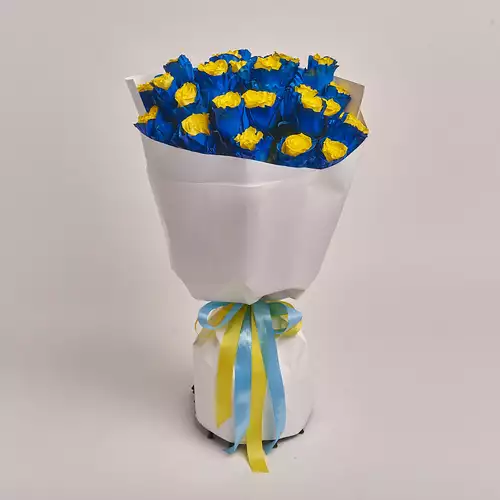 Product image Bouquet of 25 Blue -Yellow Roses, packaging: White, vendor code: 3148