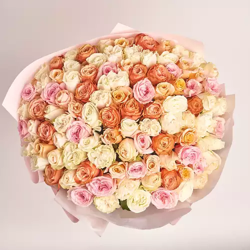 Изображение товара Букет 101 пионовидная Роза Микс, упаковка: Композит светло-розовый, артикул: 3165
