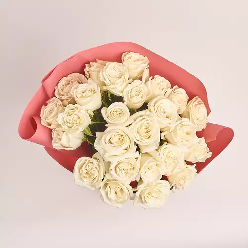 Изображение товара Букет 25 роз Плая Бланка, упаковка: Каффин лососевый, артикул: 3172