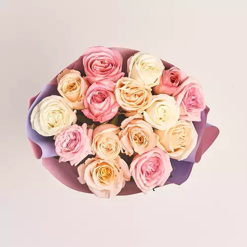 Product image Bouquet of 15 peony Roses mix, packaging: Gradiens violet, vendor code: 3175