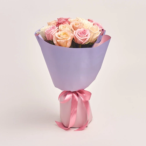 Product image Bouquet of 15 peony Roses mix, packaging: Gradiens violet, vendor code: 3175