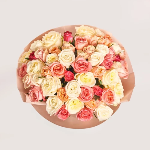 Product image Bouquet of 51 peony Roses Мix, packaging: Kafin cream, SKU: 3177