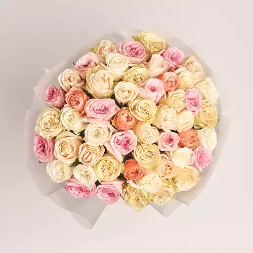 Product image Bouquet of 51 peony Roses mix, packaging: Transparent, vendor code: 3177