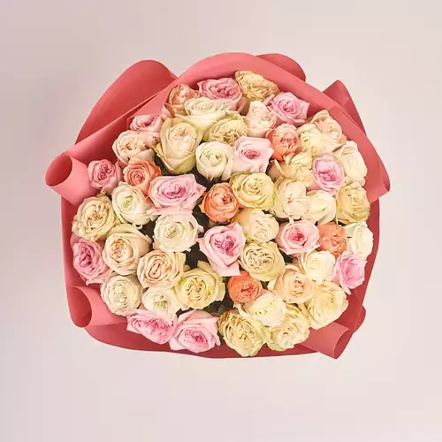 Product image Bouquet of 51 peony Roses Мix, packaging: Kafin rust, SKU: 3177