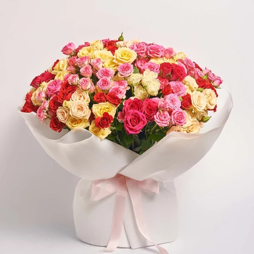 Product image Bouquet of  51 Roses spray Мix, packaging: Kafin white, SKU: 3184