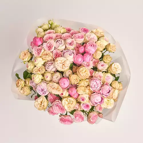 Зображення товару Букет 25 піоновидних Троянд Спрей Мікс, пакування: Градієнт фіолетовий, артикул: 3187