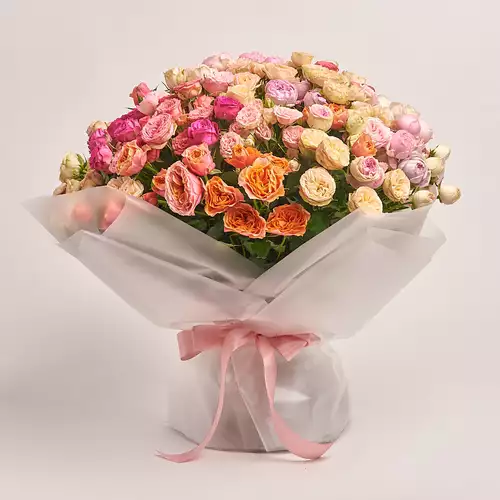 Product image Bouquet of 51 peony Roses spray mix, packaging: Transparent, vendor code: 3196