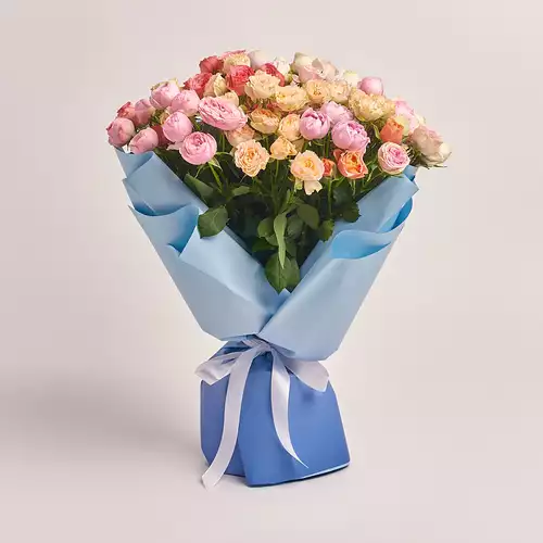 Product image Bouquet of 21 peony Roses spray mix, packaging: Gradiens blue, vendor code: 3206