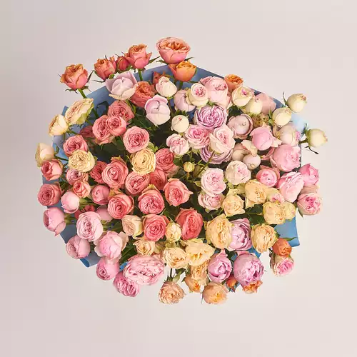 Product image Bouquet of 21 peony Roses spray mix, packaging: Gradiens blue, vendor code: 3206