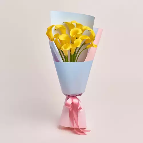 Product image Bouquet of 15 Yellow Callas, packaging: Gradiens light blue, vendor code: 3209