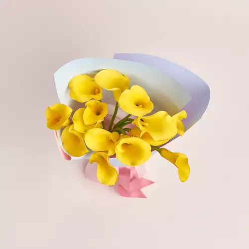 Product image Bouquet of 15 Yellow Callas, packaging: Gradiens light blue, vendor code: 3209