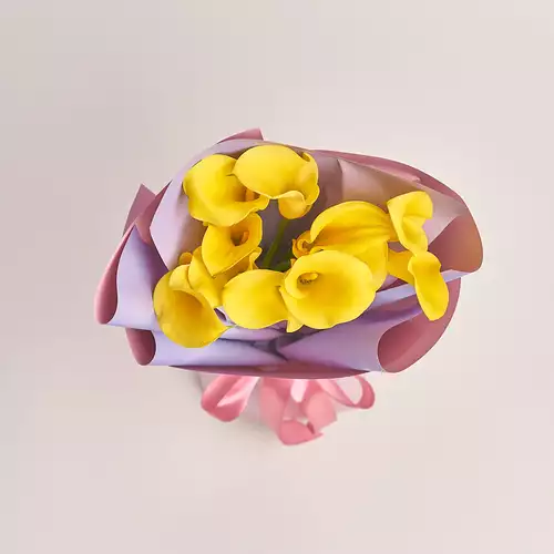 Product image Bouquet of 11 Yellow Callas, packaging: Gradiens violet, vendor code: 3210