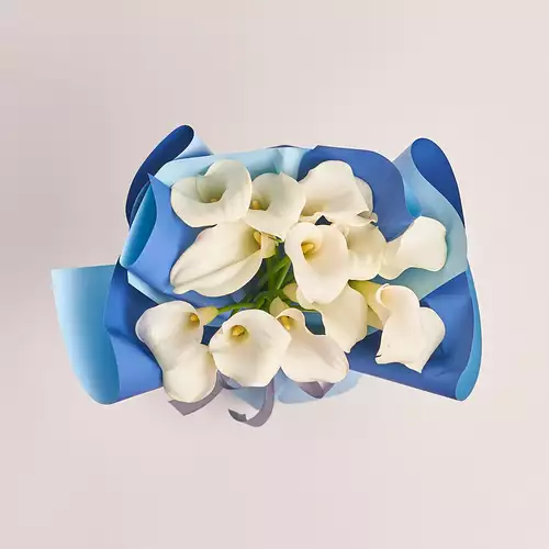 Product image Bouquet of 15 white Callas, packaging: Gradiens blue, vendor code: 3212