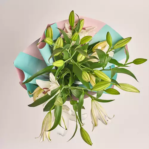 Product image Bouquet of 5 White Lilies, packaging: Gradiens tiffany, vendor code: 3217