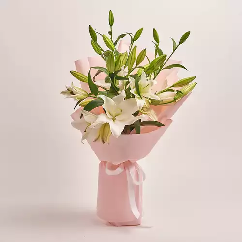 Product image Bouquet of 5 White Lilies, packaging: Composite light pink, vendor code: 3217