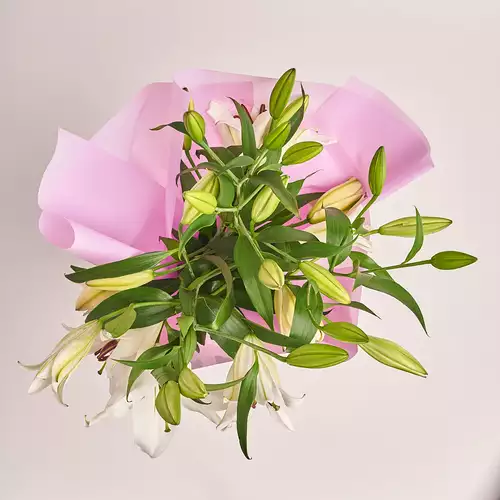 Product image Bouquet of 5 White Lilies, packaging: Purple, vendor code: 3217