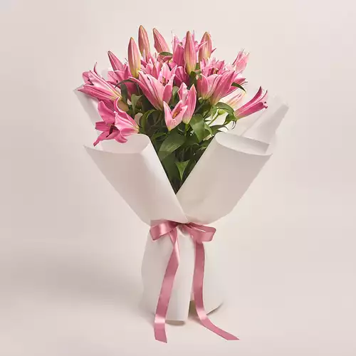 Product image Bouquet of 5 Pink Lilies, packaging: White, vendor code: 3218