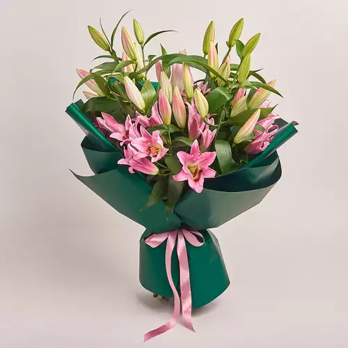 Product image Bouquet of 9 Pink Lilies, packaging: Green, vendor code: 3219