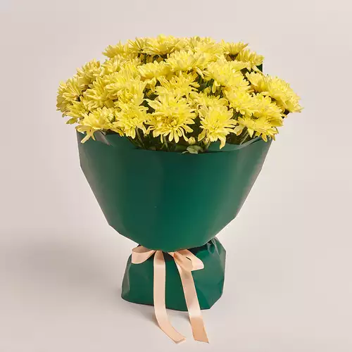 Product image Bouquet of 15 Yellow  Chrysanthemums, packaging: Green, vendor code: 3222