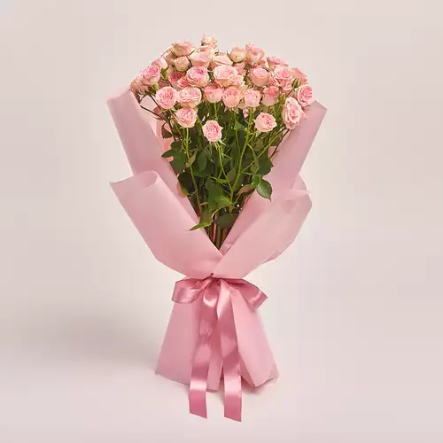 Зображення товару Букет 15 Світло-Рожевих Троянд Спрей, пакування: Рожева, артикул: 3227