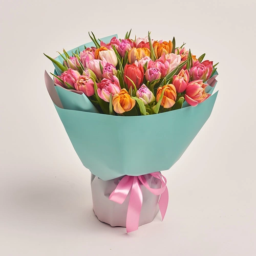 Product image Bouquet 51 tulips mix peony, packaging: Gradiens tiffany, vendor code: 3235