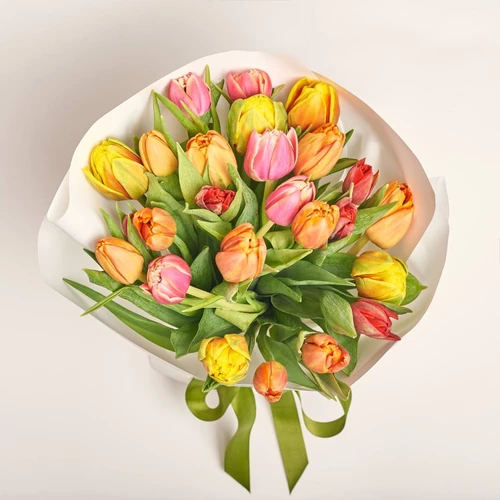 Зображення товару Букет 25 Тюльпанів Мікс піоновидних, пакування: Біла, артикул: 3236