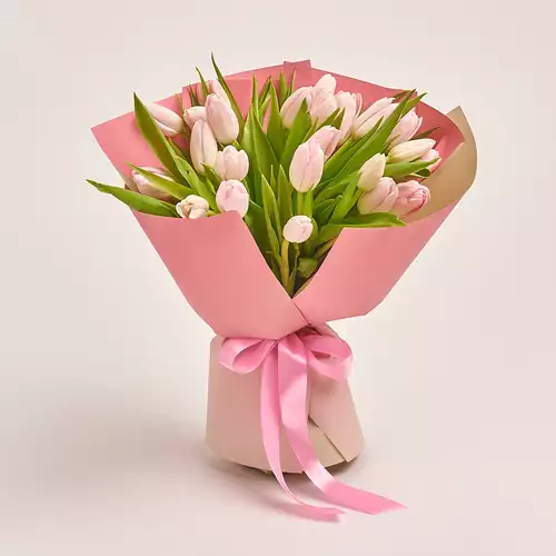 Product image Bouquet 25 Light Pink Tulips, packaging: Gradiens pink, vendor code: 3287