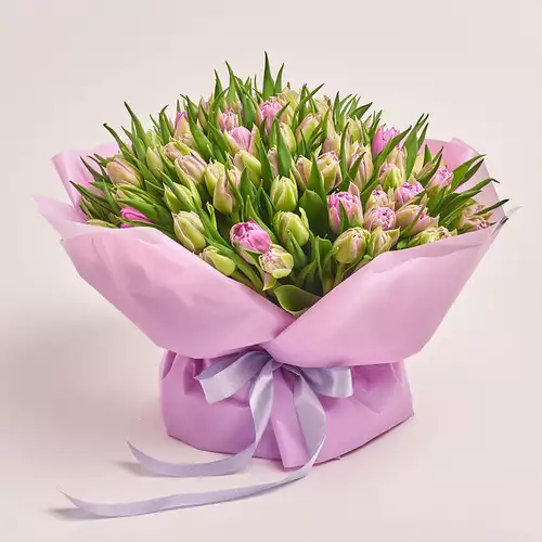 Изображение товара Букет 101 Светло-Фиолетовый пионовидный тюльпан, упаковка: Фиолетовая, артикул: 3293