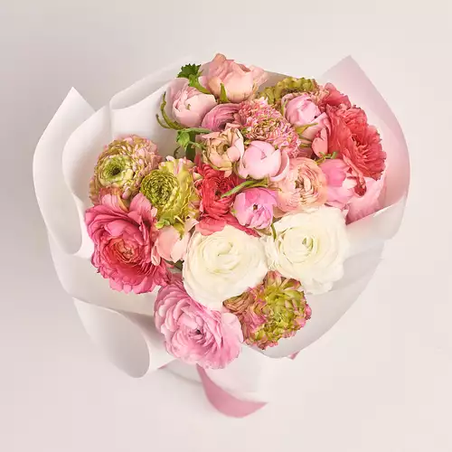 Product image Bouquet 25 Ranunculuses mix, packaging: White, vendor code: 3302